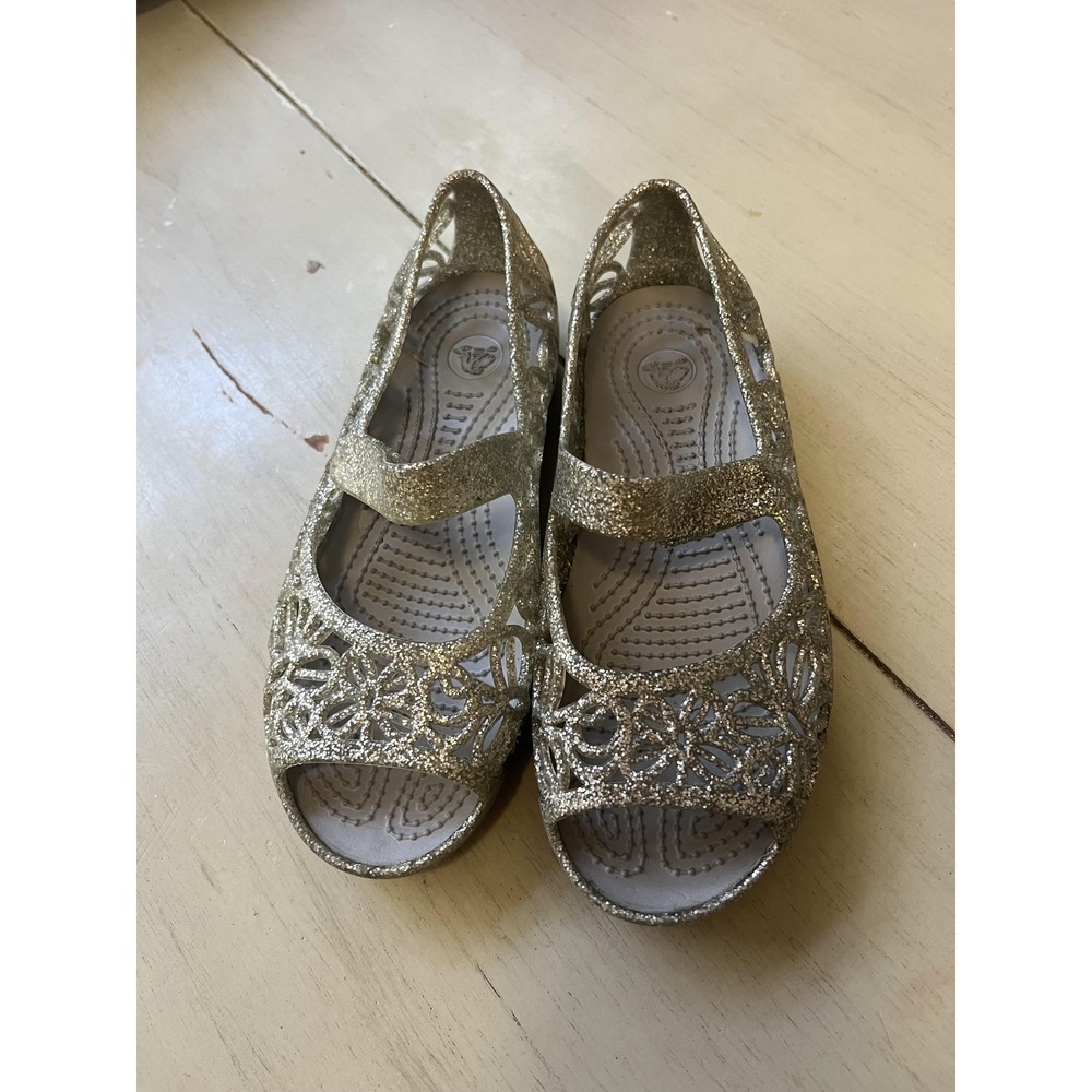 Crocs Kids Gold Glitter Floral Cutout Mary Jane Ballet Flats Size 8C 274
